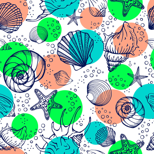 貝殻やヒトデとのシームレスなパターン。海を背景に。手描きのベクトルイラストをスケッチスタイルで。挨拶、招待状、着色本、織物、結婚式、ウェブデザインに最適です。. - ベクター画像