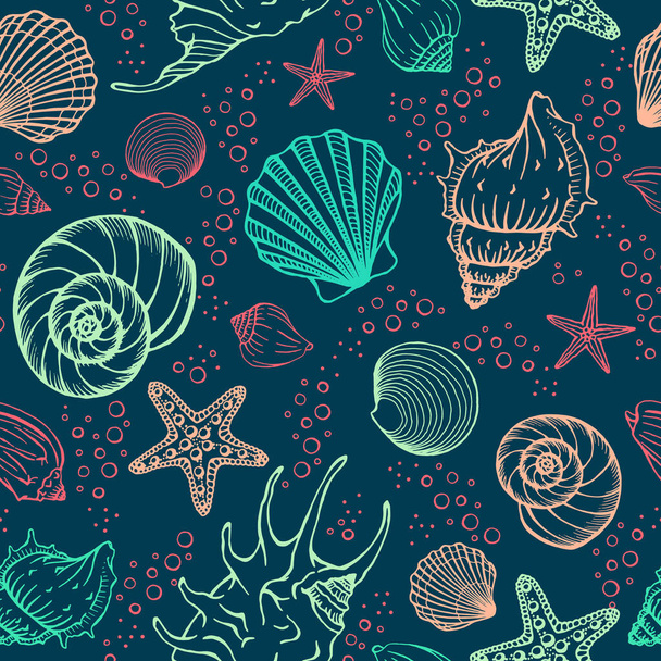 Seamless pattern with seashells and starfishes. Marine background.  Hand drawn vector illustration in sketch style. Perfect for greetings, invitations, coloring books, textile, wedding and web design. - Vector, Image