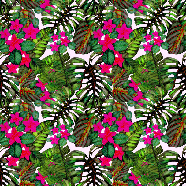 Modern abstract seamless pattern with watercolor tropical leaves and flowers for textile design. Retro bright summer background. Jungle foliage illustration. Swimwear botanical design. Vintage exotic print. - Foto, afbeelding