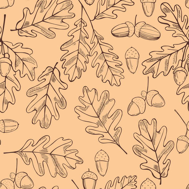 Vector  seamless pattern with hand drawn oak leaves and acorns. - Vector, Image