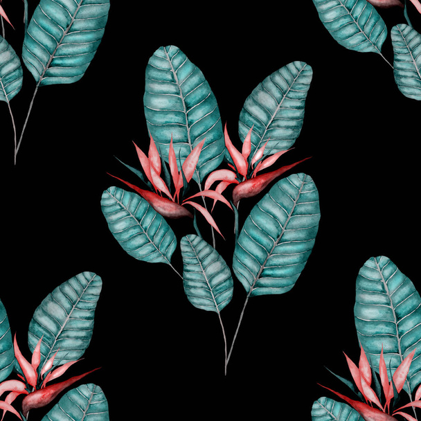 Modern abstract seamless pattern with watercolor tropical leaves and flowers for textile design. Retro bright summer background. Jungle foliage illustration. Swimwear botanical design. Vintage exotic print. - Φωτογραφία, εικόνα