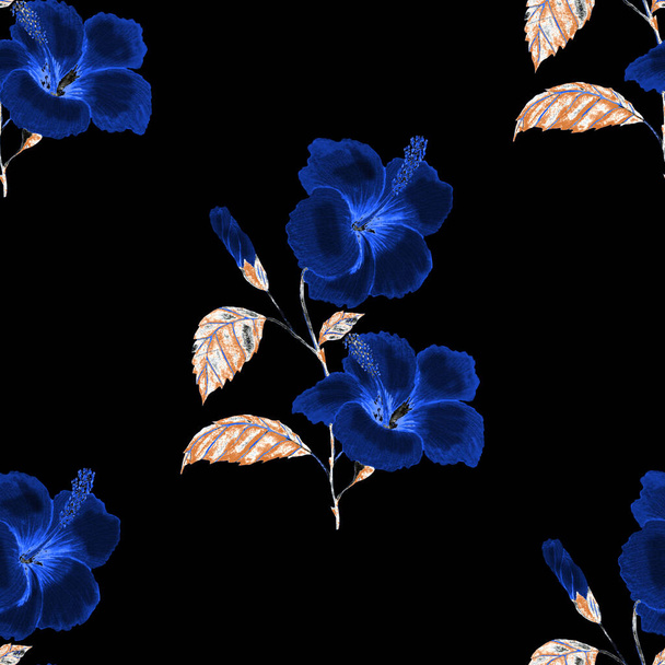 水彩の熱帯の葉やテキスタイルデザインのための花と現代抽象的なシームレスパターン。レトロな明るい夏の背景。ジャングルの葉のイラスト。水着植物デザイン。ヴィンテージエキゾチックな｜print. - 写真・画像