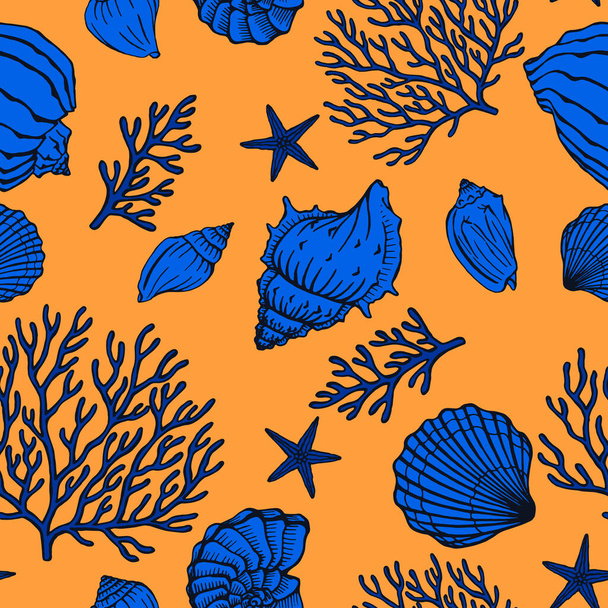 Naadloos patroon met schelpen, koralen en zeesterren. Mariene achtergrond. Perfect voor groeten, uitnodigingen, vervaardiging inpakpapier, textiel en web design. - Vector, afbeelding