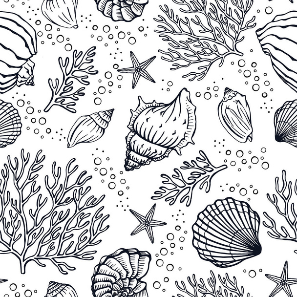 貝殻やサンゴ、ヒトデとのシームレスなパターン。海を背景に。挨拶、招待状、包装紙、繊維、ウェブデザインに最適です。. - ベクター画像