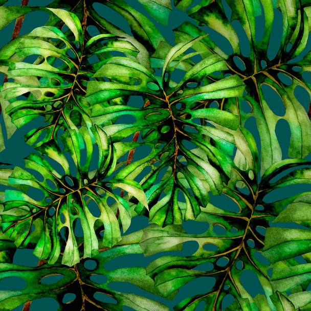 Modern absztrakt, zökkenőmentes minta akvarell trópusi levelekkel és virágokkal textiltervezéshez. Retro fényes nyári háttér. Dzsungel lombozat illusztráció. Fürdőruha botanikai tervezés. Vintage egzotikus ujjlenyomat. - Fotó, kép