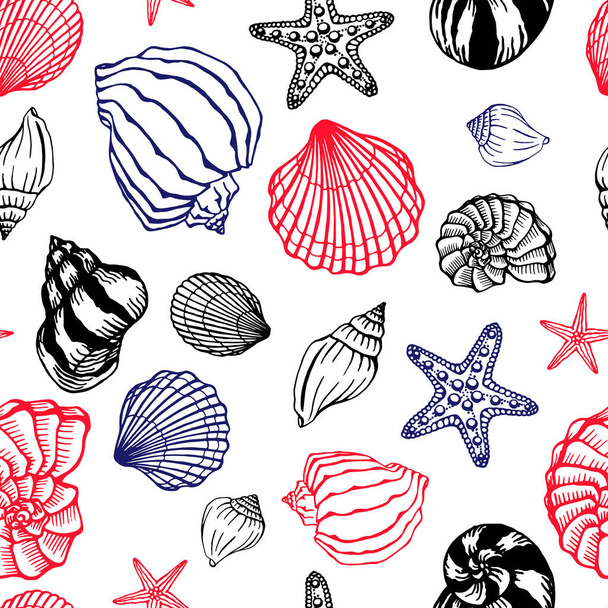 Zökkenőmentes minta kagylókkal és tengeri csillagokkal. Tengerészeti háttér. Kézzel rajzolt vektor illusztráció vázlatos stílusban. Tökéletes üdvözlések, meghívók, kifestőkönyvek, textil, esküvő és web design. - Vektor, kép