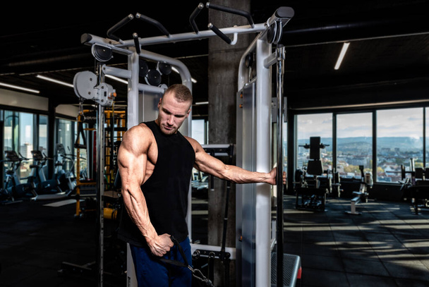 Mladý svalnatý zpocený fit muž dělá triceps cvičení v tělocvičně na kabelové stroje pro velké paže svaly - Fotografie, Obrázek