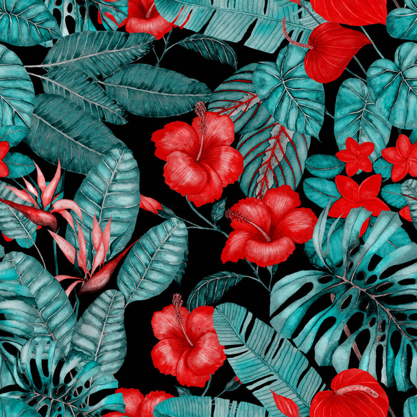 水彩の熱帯の葉やテキスタイルデザインのための花と現代抽象的なシームレスパターン。レトロな明るい夏の背景。ジャングルの葉のイラスト。水着植物デザイン。ヴィンテージエキゾチックな｜print. - 写真・画像