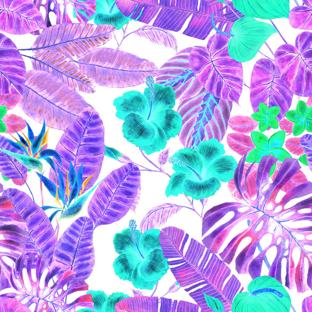 Современный абстрактный бесшовный рисунок с акварелью тропических листьев и цветов для текстильного дизайна. Ретро яркий летний фон. Иллюстрация листьев джунглей. Ботанический дизайн купальников. Винтажная экзотическая печать
. - Фото, изображение
