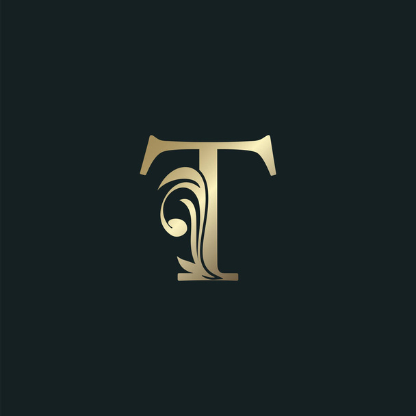 Arany Heraldika levél T logó luxus virágos ábécé vektor design stílus. - Vektor, kép