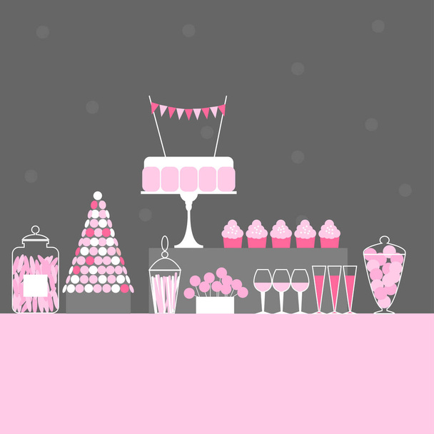 Birthday candy  buffet .Wedding sweet  bar with cake. Dessert table.  Vector illustration. - Vetor, Imagem