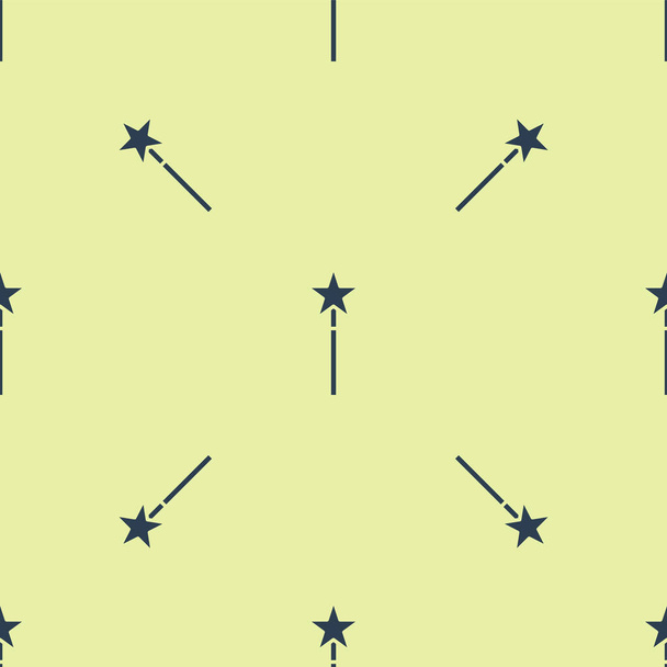 Icono de varita mágica azul aislado patrón sin costura sobre fondo amarillo. Accesorio mágico en forma de estrella. Poder mágico. Ilustración vectorial
 - Vector, imagen
