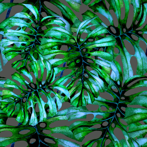 Modern abstract naadloos patroon met aquarel tropische bladeren en bloemen voor textiel design. Retro heldere zomer achtergrond. Jungle blad illustratie. Badmode botanisch ontwerp. Vintage exotische print. - Foto, afbeelding