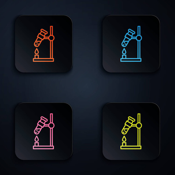 Color neon line Glass test tube flask on fire heater experiment icon isolated on black background. Laboratory equipment. Set icons in square buttons. Vector Illustration - Vector, Image