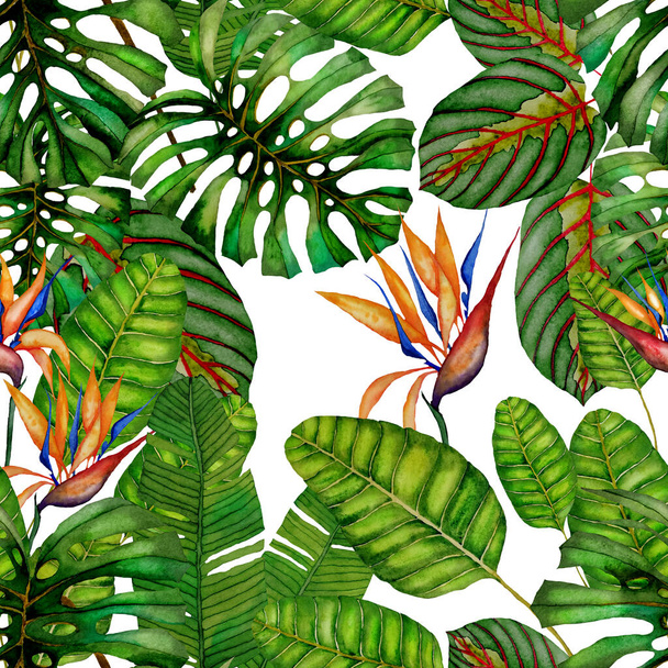 Moderní abstraktní bezešvý vzor s akvarelem tropických listů a květin pro textilní design. Retro jasné letní pozadí. Ilustrace listoví džungle. Plavky botanický design. Ročník exotického tisku. - Fotografie, Obrázek