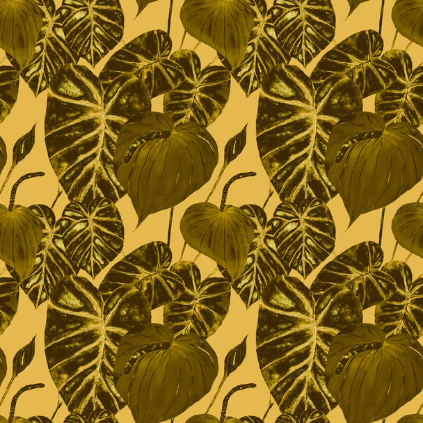 Moderno patrón abstracto sin costuras con hojas tropicales de acuarela y flores para el diseño textil. Fondo retro brillante verano. Ilustración del follaje de la selva. Diseño botánico de trajes de baño. Vintage impresión exótica
. - Foto, imagen