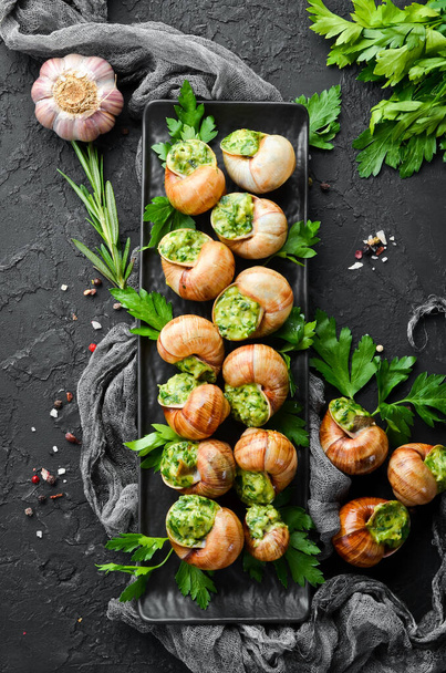 Snails baked with sauce. Baked snails with butter and spice. Top view. Free space for your text. - Фото, зображення