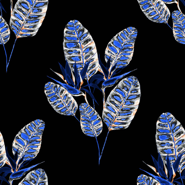 Сучасний абстрактний безшовний візерунок з акварельними тропічними листям та квітами для текстильного дизайну. Ретро яскравий літній фон. Ілюстрація листя джунглів. Ботанічний дизайн купальників. Вінтажний екзотичний принт
. - Фото, зображення