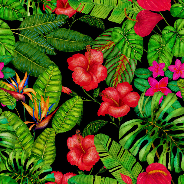Tekstil tasarımı için suluboya tropikal yaprakları ve çiçekleri olan modern, soyut, dikişsiz desen. Geçmişe dönük parlak yaz geçmişi. Orman yaprakları çizimi. Mayo botanik tasarımı. Antika egzotik baskı. - Fotoğraf, Görsel