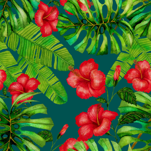 Modern abstract seamless pattern with watercolor tropical leaves and flowers for textile design. Retro bright summer background. Jungle foliage illustration. Swimwear botanical design. Vintage exotic print. - Zdjęcie, obraz