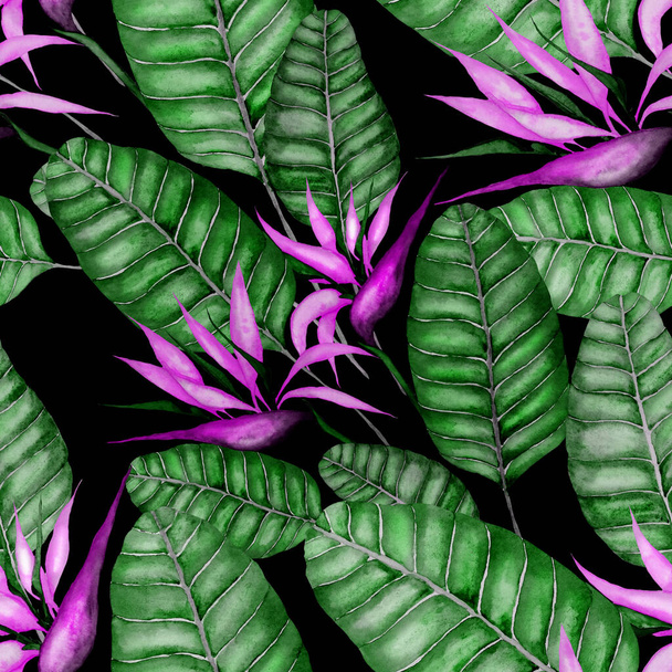 Modern abstract naadloos patroon met aquarel tropische bladeren en bloemen voor textiel design. Retro heldere zomer achtergrond. Jungle blad illustratie. Badmode botanisch ontwerp. Vintage exotische print. - Foto, afbeelding