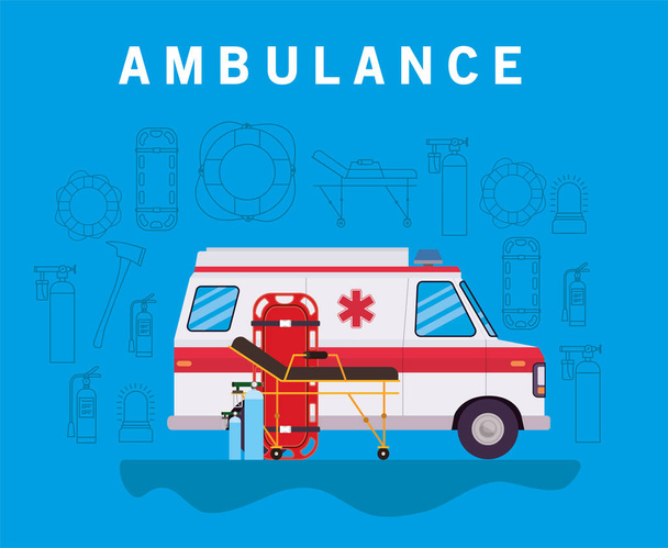 Ambulance paramedic car side view oxygen cylinders and stretcher vector design - Vector, Image