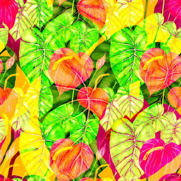 Nowoczesny abstrakcyjny wzór z akwarelą tropikalnych liści i kwiatów do projektowania tekstyliów. Retro jasne tło lato. Ilustracja liści dżungli. Projekt botaniczny strojów kąpielowych. Vintage egzotyczny druk. - Zdjęcie, obraz