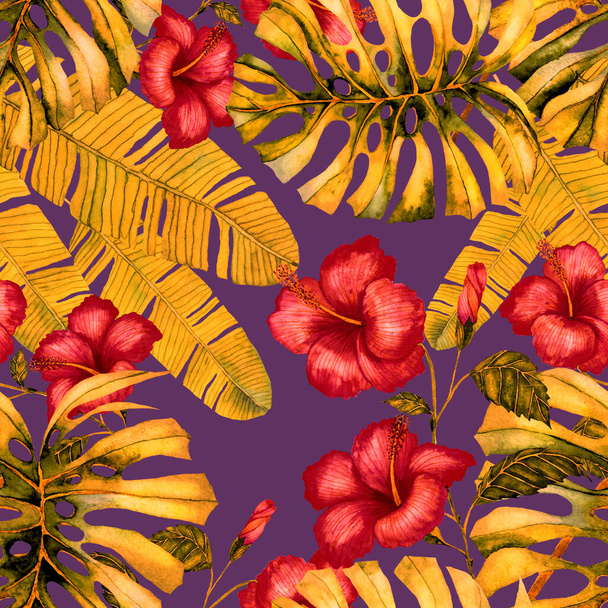 Modern abstract seamless pattern with watercolor tropical leaves and flowers for textile design. Retro bright summer background. Jungle foliage illustration. Swimwear botanical design. Vintage exotic print. - Foto, imagen