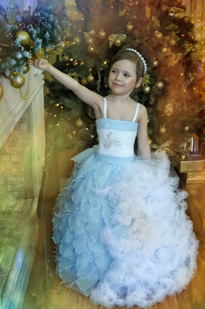 little cute girl young princess in chic white with blue christmas dress - Foto, Imagem