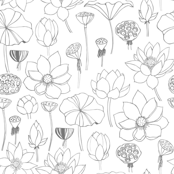 Floral vector  seamless pattern with hand drawn lotus flowers and leaves - Vecteur, image