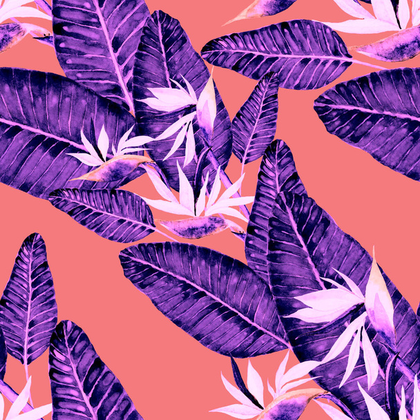 Modern abstract seamless pattern with watercolor tropical leaves and flowers for textile design. Retro bright summer background. Jungle foliage illustration. Swimwear botanical design. Vintage exotic print. - 写真・画像