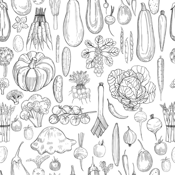 白地に野菜を手描き。ベクトルシームレスパターン - ベクター画像