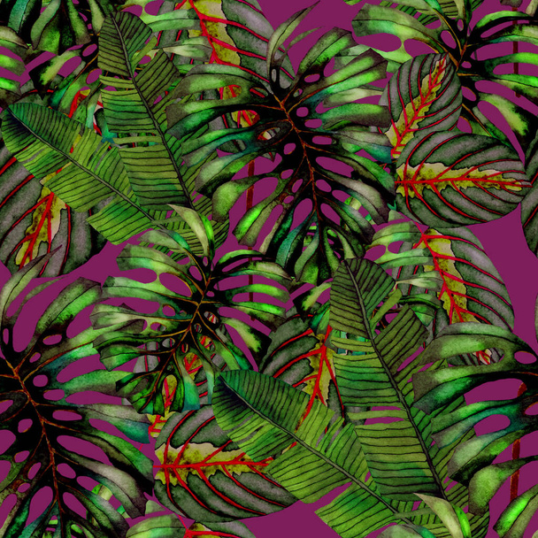 Σύγχρονη αφηρημένη αδιάλειπτη μοτίβο με υδατογραφία τροπικά φύλλα και λουλούδια για το σχεδιασμό των κλωστοϋφαντουργικών προϊόντων. Ρετρό φωτεινό καλοκαιρινό φόντο. Εικόνα φυλλώματος ζούγκλας. Βοτανικός σχεδιασμός μαγιό. Vintage εξωτικό αποτύπωμα. - Φωτογραφία, εικόνα