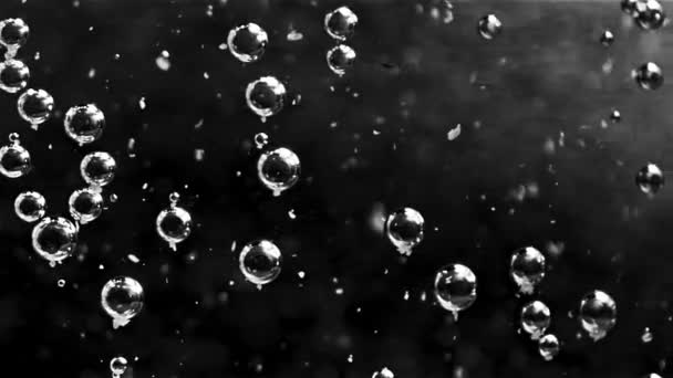 Beautiful transparent bubbles in water moving slowly. Stock footage. Close up of many bubbles of air flowing underwater and some of them rising up on black background, monochrome. - Footage, Video