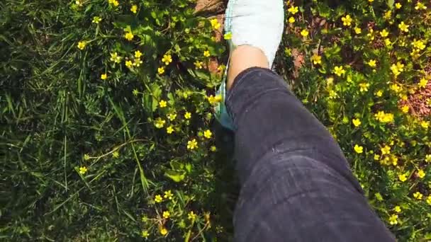 Las piernas femeninas cuidadosamente poner un pie en el prado floreciente
. - Metraje, vídeo
