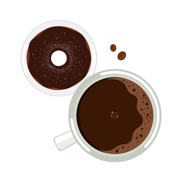 Coffee mug with chocolate donut on white background top view - Vector, afbeelding
