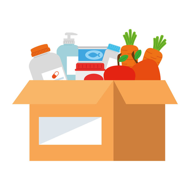 картонный ящик для пожертвований продуктов питания, социальной помощи, волонтерства и благотворительности - Вектор,изображение