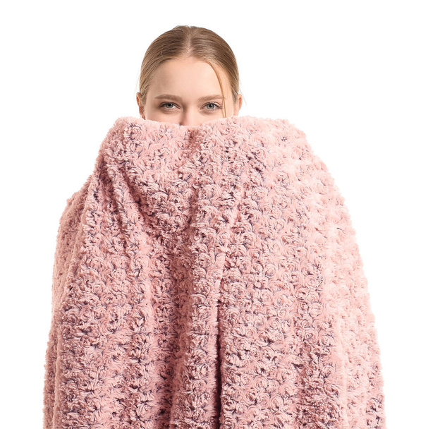 Young woman wrapped in blanket on white background - Foto, immagini