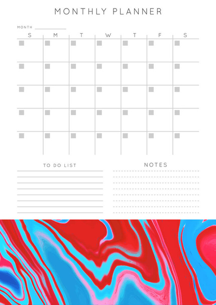 Planificador de mármol vectorial .Daily, weekly, monthly planner template.Blank printable vertical notebook page with space for notes and goals.Paper sheet size A4.Fluid modern style.Colors blue\ red. - Vector, Imagen