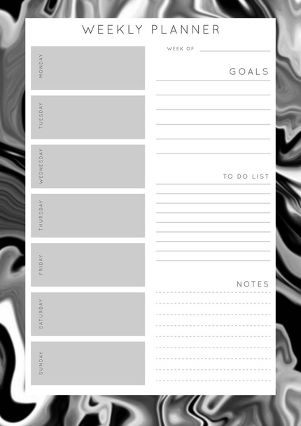 Vector marble planner.Daily, weekly, monthly planner template.Blank printable vertical notebook page with space for notes and goals.Paper sheet size A4.Fluid modern style.Monochrome black\white - Vector, Image