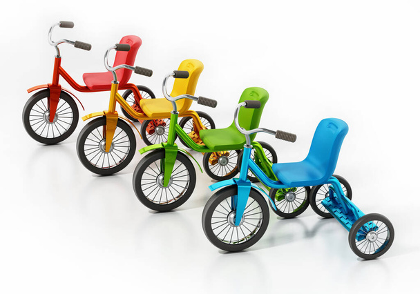 Child bicycles or tricycles isolated on white background. 3D illustration. - Foto, imagen