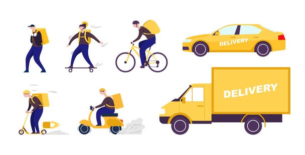 Set delivery shipping transport with courier. Flat vector color cartoon icon - Vector, Image