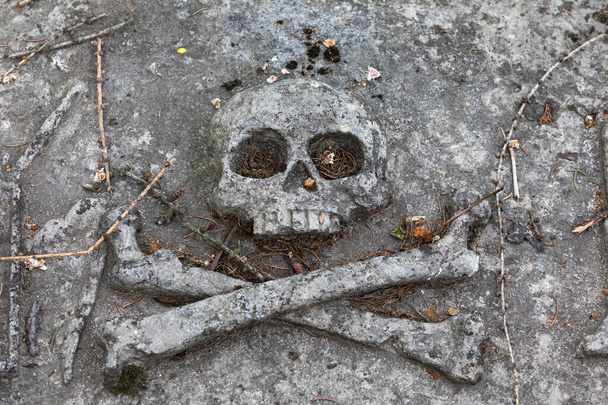 National Memorial Museum Lychakiv Cemetery in Lviv, Ukraine. Crâne de pierre et os sur la tombe dans le cimetière Lychakivskyj
 - Photo, image