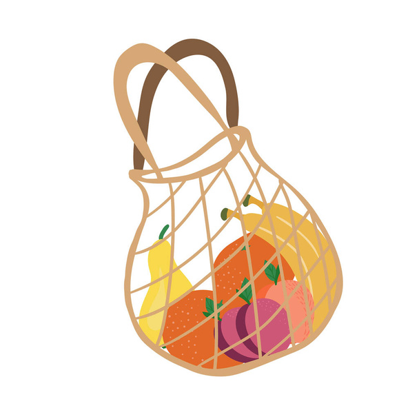 shopping bag with fruits. Mesh eco bag full of fruit isolated on white background. Modern shopper with fresh organic food from local market. Vector illustration in flat cartoon style - Vektori, kuva