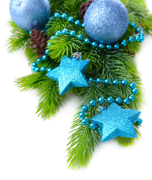 Christmas balls and decorative stars on fir tree, isolated on white - Zdjęcie, obraz