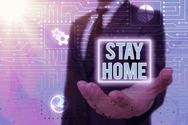 Koncepcionális kézírás a Stay Home-ról. Üzleti fotó szöveg nem megy ki a tevékenység, és maradjon a házban vagy otthon. - Fotó, kép