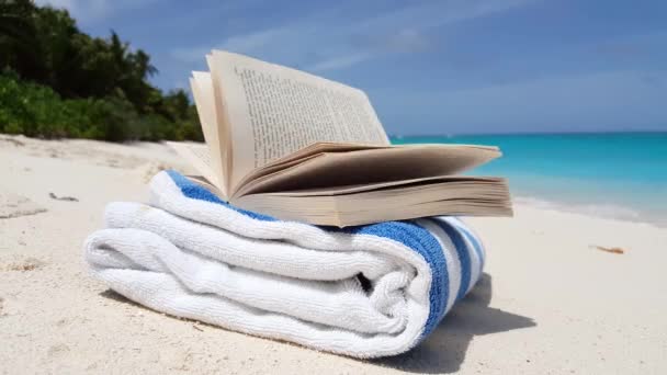 wideo z książki leżącej na ręczniku i obraca strony na wietrze na białej piaszczystej plaży i piękne fale w tle - Materiał filmowy, wideo