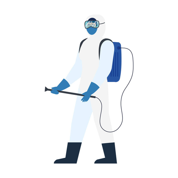 osoba s ochranným oblekem pro postřik virů covid 19, koncept dezinfekce viru - Vektor, obrázek