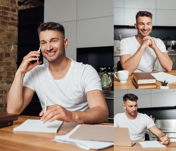 collage of handsome freelancer looking at notebook, talking on smartphone, smiling near books and cup  - Fotoğraf, Görsel