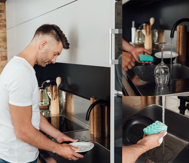 collage of handsome man in white t-shirt washing plate, frying pan and holding sponges near wet glass - Photo, Image